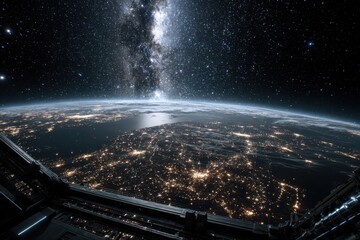 View of Earth from space showcasing city lights and milky way in the background at night