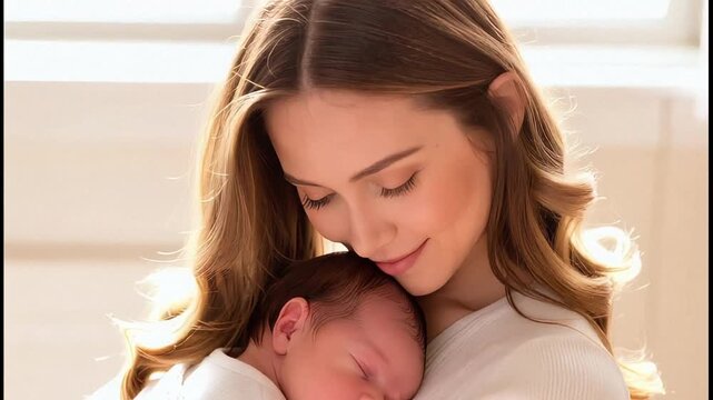 Capturing the serene beauty of a mother's embrace with her precious sleeping infant, a heartwarming depiction of new beginnings and pure maternal affection.