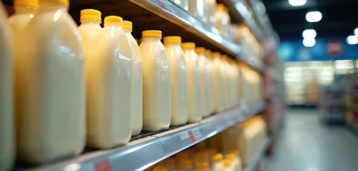 Rows of milk bottles with yellow caps arranged neatly on store shelves. Bright store lighting illuminates dairy products in refrigerated section. Variety of beverages displayed for consumer choice.