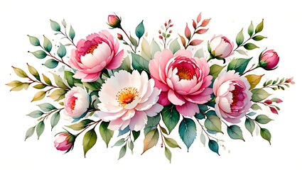 Elegant Watercolor Floral Arrangement with Pink and White Peonies and Lush Green Foliage for Wedding Invitations and Stationery Design