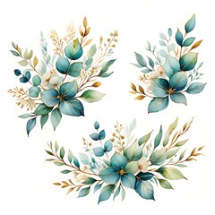 Elegant Floral Watercolor Bouquets in Blue and Gold Isolated on White Background for Wedding Invitations and Stationery Designs