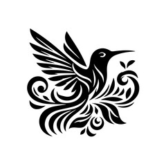 Obraz premium Elegant Black Hummingbird with Swirling Floral Design.