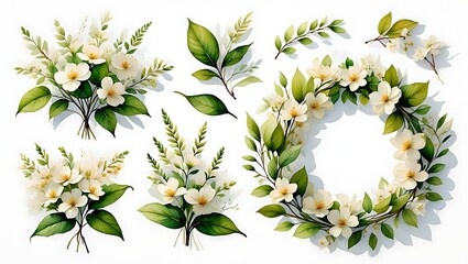 Elegant White Flower Arrangement Collection on White Background Watercolor Floral Design for Invitations and Decorations