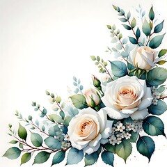 Elegant Watercolor Roses with Delicate Leaves and Small White Flowers Corner Decoration for Wedding Invitations and Floral Designs