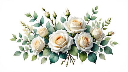 Elegant White Rose Bouquet Watercolor Illustration for Wedding Invitations and Floral Decorations with Delicate Green Leaves and Blooming Buds