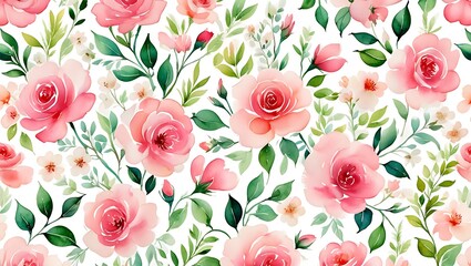 Elegant Watercolor Rose Pattern for Textile Design and Backgrounds Featuring Pink Flowers and Green Leaves on White Backdrop