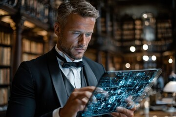 Elegant man in tuxedo using futuristic tablet in a grand library setting