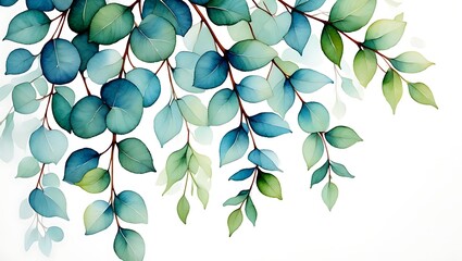Eucalyptus watercolor painting with blue and green leaves on a white background artistic botanical illustration of decorative branches