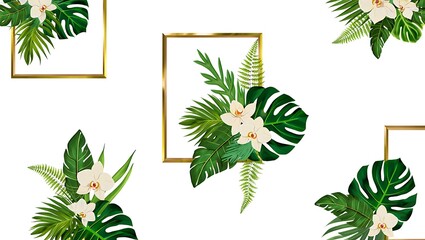 Exotic Tropical Floral Arrangement with Golden Frames for Elegant Design Projects and Creative Invitations or Greetings