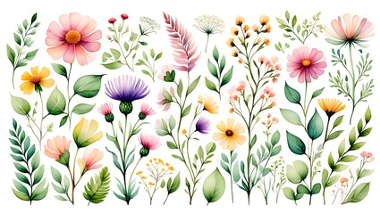 Watercolor Floral Arrangement with Various Flowers and Greenery on a White Background Illustration for Wallpaper and Decoration