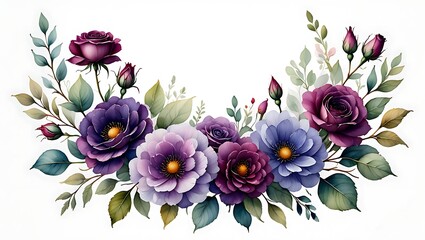 Watercolor Floral Arrangement with Roses and Leaves in Shades of Purple and Green Delicate Floral Decoration