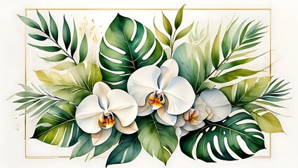 Watercolor Floral Arrangement with White Orchids and Tropical Leaves Artistic Botanical Illustration Serene Floral Design Fresh Springtime Blooms