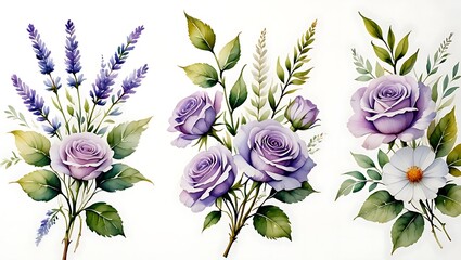 Watercolor Floral Arrangements with Roses Lavender and White Flowers Delicate and Romantic Isolated on White Background for Wedding Invitations and Greeting Cards