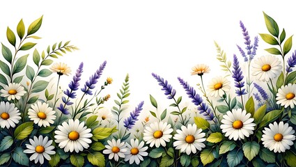 Watercolor Floral Border with Daisies and Lavender for Spring and Summer Designs Background