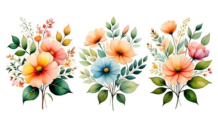 Watercolor Floral Bouquets on White Background Artistic Flower Arrangements with Delicate Petals and Lush Greenery Botanical Illustrations for Spring and Summer