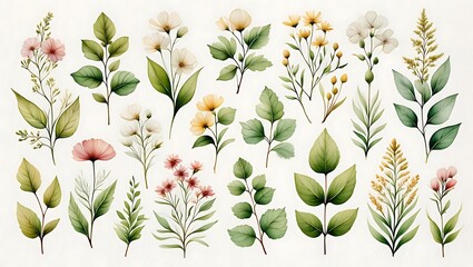 Watercolor Floral Collection Featuring Delicate Flowers and Green Leaves on White Background for Botanical Design and Springtime Celebrations