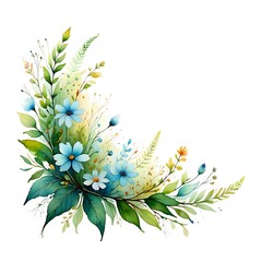 Watercolor Floral Corner Arrangement with Blue Flowers and Green Leaves on White Background for Invitations and Decorative Elements