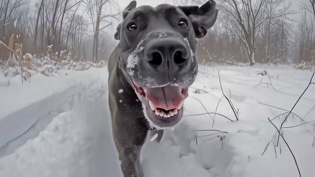Great dane dog running enthusiastically through snowy winter forest, close-up perspective capturing dynamic motion and joyful expression with snow flying around.
