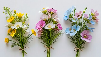 Beautiful bouquets of colorful flowers isolated on white background representing floral arrangements and spring time freshness