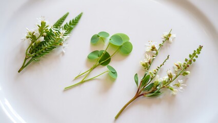 Delicate Botanical Arrangement with Ferns Flowers and Shamrock on White Plate for Minimalist Aesthetics and Natural Themes