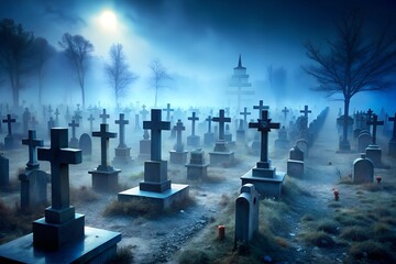 A hauntingly beautiful cemetery under a misty blue night sky, with weathered tombstones and crosses casting long shadows