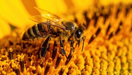 Detailed Close-Up of a Honeybee on a Sunflower, Illuminated by Sunlight