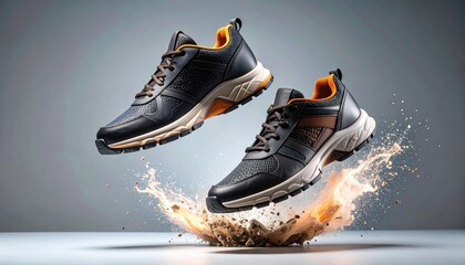 Dynamic Pair of Black and Orange Sneakers Kicking Up Dirt and Debris