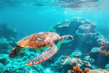 Fototapeta premium Sea turtle swims under water on the background of coral reefs