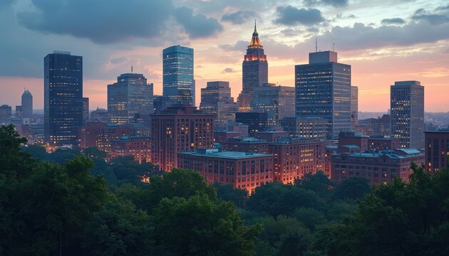 Boston city skyline at dusk, featuring modern skyscrapers, historical buildings. Trees frame urban landscape as twilight illuminates city. Evening lights twinkle in metropolis, offering view of
