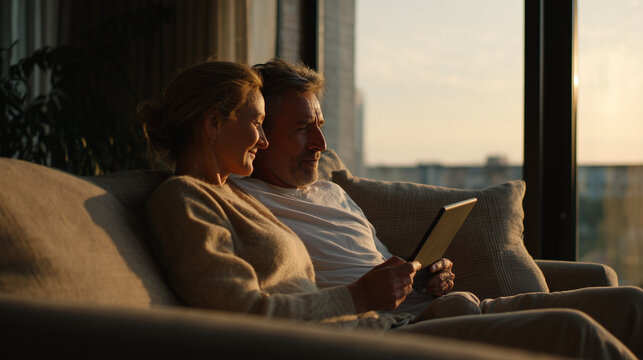 Mature couple using tablet while relaxing at home