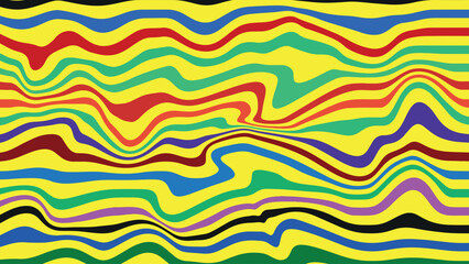 Seamless retro wave background in bold red and yellow tones with dynamic flowing lines in horizontal and vertical format, psychedelic 60s 70s vector illustration for nostalgic themes