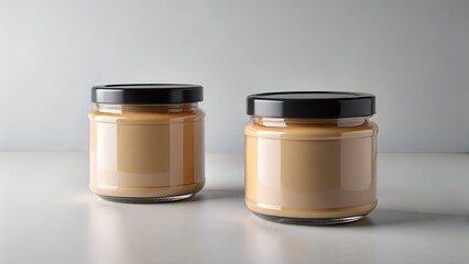 Two jars of peanut butter with black lids on a white surface