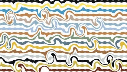 Colorful psychedelic wave background with red and yellow dynamic curves in abstract 1960s 1970s retro mod style, horizontal and vertical layout for banners, posters, and prints