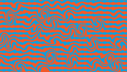 Colorful psychedelic wave background with red and yellow dynamic curves in abstract 1960s 1970s retro mod style, horizontal and vertical layout for banners, posters, and prints