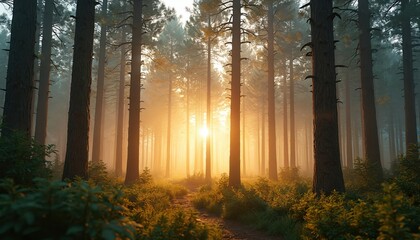 Obraz premium Golden sunset filters through tall pine trees illuminating forest path. Gentle mist creates serene, tranquil atmosphere. Autumn foliage in shades of yellow, orange. Nature beauty, peaceful woodland