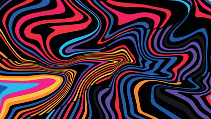 Vintage retro style abstract vector background featuring red, yellow, and multicolored dynamic wave patterns in 60s 70s psychedelic design across horizontal and vertical orientations