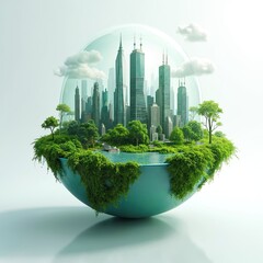 Floating eco city concept within protective bubble. Green landscape surrounds futuristic skyscrapers, water, trees. Sustainable living, environmental protection, green future for urban development.