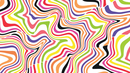 Multicolor retro wave background with red and yellow curved lines in vintage 60s 70s psychedelic style, abstract vector design for posters, wallpapers, and visual art projects