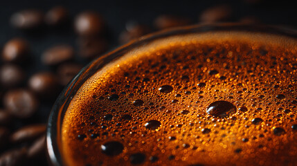 Rich dark espresso beverage with foamy crema and scattered coffee beans drink