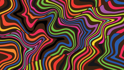Colorful abstract wave vector design in retro style with flowing red and yellow lines, psychedelic 1960s 1970s inspired horizontal and vertical layout for trendy backgrounds