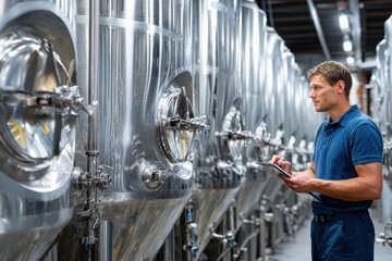 Brewer monitoring fermentation tanks in a modern brewery during daylight hours