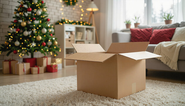 Open cardboard box in the center of a living room with a festive mood, Christmas tree, and decorations

