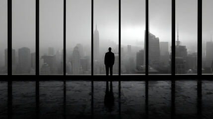 Silhouette man gazing at foggy city skyline through large window buildings