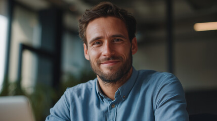 Confident businessman smiling in modern office