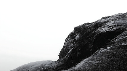Stark dark rock formation against bright white sky with textured grassy slope mountain landscape