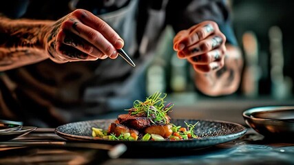 Close-up of a tattooed chef delicately decorating a gourmet dish with tweezers. Arc shot. 4K.