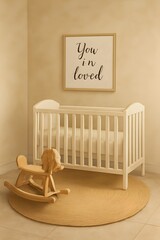 Minimalist Nursery with White Crib and “You in loved” Quote — Watercolor Printable Baby Room Decor