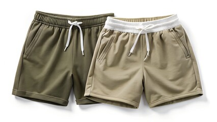 Two pairs of casual shorts in different colors on a white background