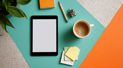 Tablet coffee plant notebook pencil binder clips sticky notes flat lay desk