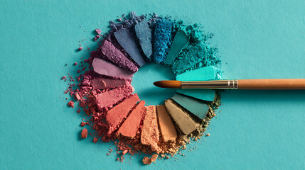 Vibrant crushed makeup palette arranged in a circle with a brush eyeshadow
